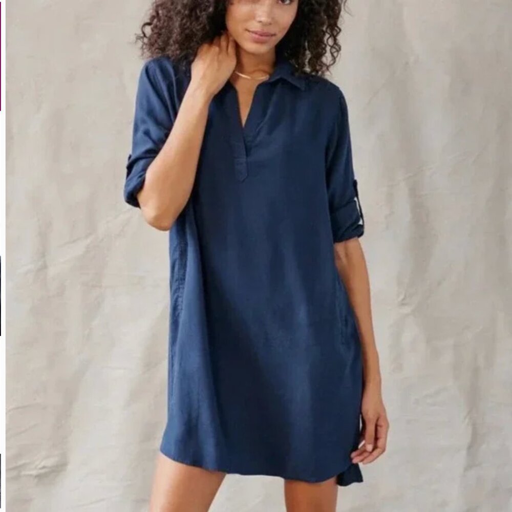 Bella Dahl Navy Blue Shirt Dress Long Sleeve Split Neck Minimalist Essential Med